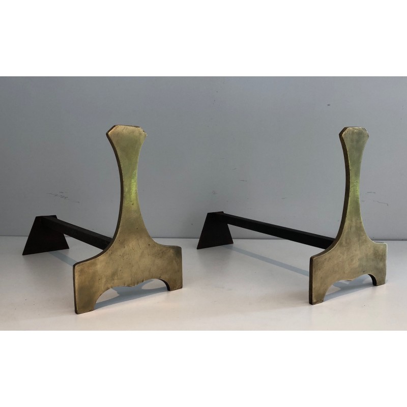 Pair of Modernist Brass Andirons, French Work, Circa 1970