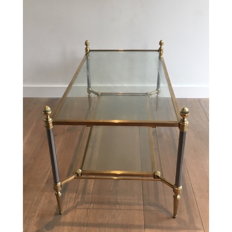 Table Basse Néoclassique en Acier Brossé et Laiton de la Maison Jansen, Travail Français, Vers 1940