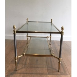Table Basse Néoclassique en Acier Brossé et Laiton de la Maison Jansen, Travail Français, Vers 1940