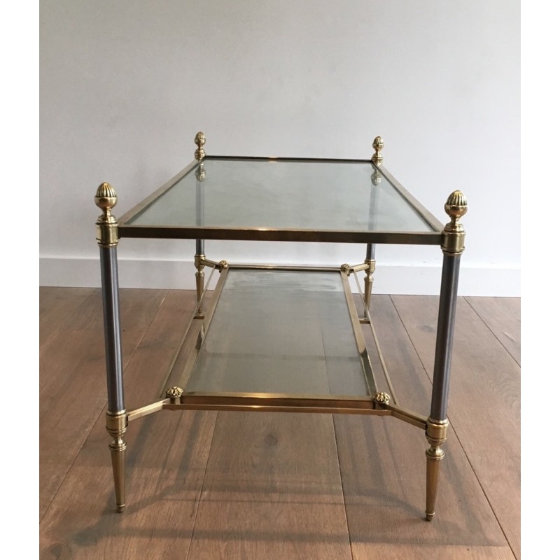 Neoclassical Brushed Steel and Brass Coffee Table by Maison Jansen, French Work, Circa 1940