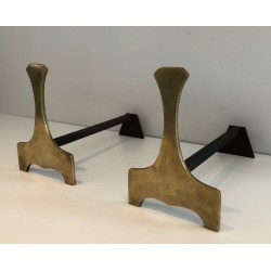 Pair of Modernist Brass Andirons, French Work, Circa 1970