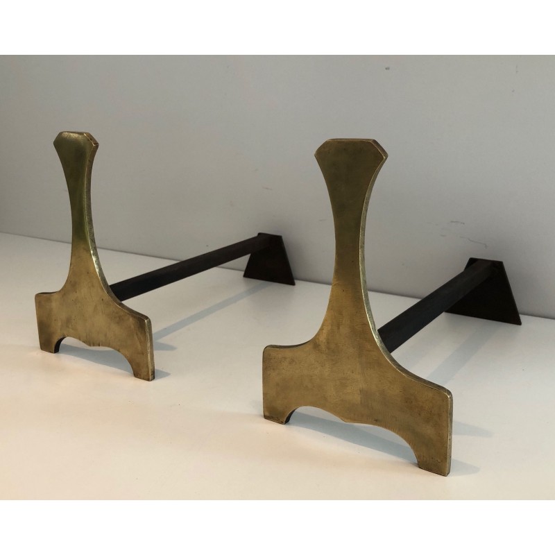 Paire de Chenets Modernistes en Laiton, Travail Français, Vers 1970