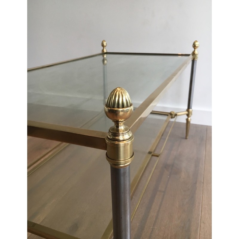 Table Basse Néoclassique en Acier Brossé et Laiton de la Maison Jansen, Travail Français, Vers 1940