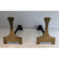 Pair of Modernist Brass Andirons, French Work, Circa 1970