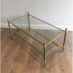 Table Basse Néoclassique en Acier Brossé et Laiton de la Maison Jansen, Travail Français, Vers 1940
