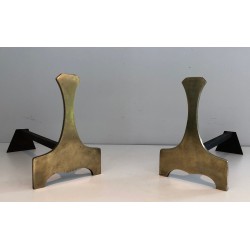 Pair of Modernist Brass Andirons, French Work, Circa 1970