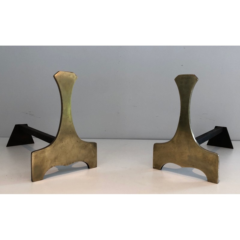 Pair of Modernist Brass Andirons, French Work, Circa 1970