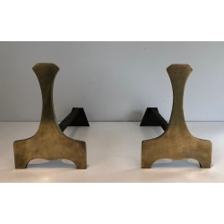 Pair of Modernist Brass Andirons, French Work, Circa 1970