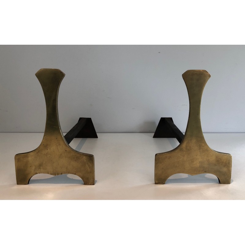 Pair of Modernist Brass Andirons, French Work, Circa 1970