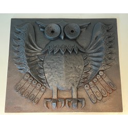 Modernist Cast Iron Fireback Depicting an Owl, Signed, French Work, Circa 1970