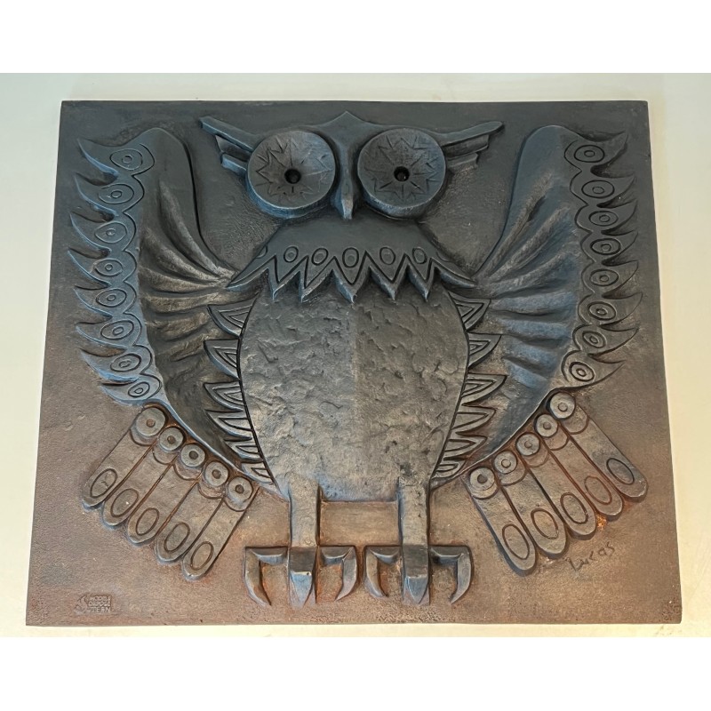 Plaque de Cheminée Moderniste en Fonte Représentant une Chouette, Signée, Travail Français, Vers 1970