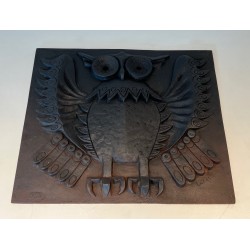 Plaque de Cheminée Moderniste en Fonte Représentant une Chouette, Signée, Travail Français, Vers 1970
