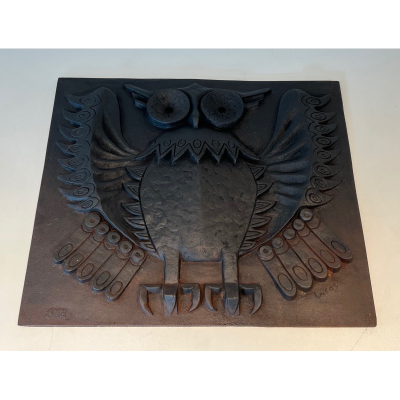 Modernist Cast Iron Fireback Depicting an Owl, Signed, French Work, Circa 1970