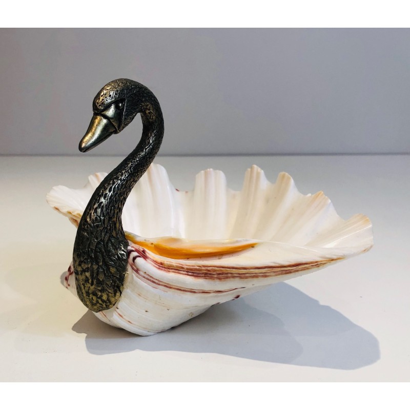 Silvered Metal and Shell Swan Vide-Poche, Attributed to Maison Jansen, French Work, Circa 1940