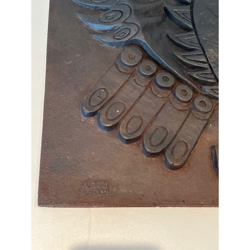 Modernist Cast Iron Fireback Depicting an Owl, Signed, French Work, Circa 1970