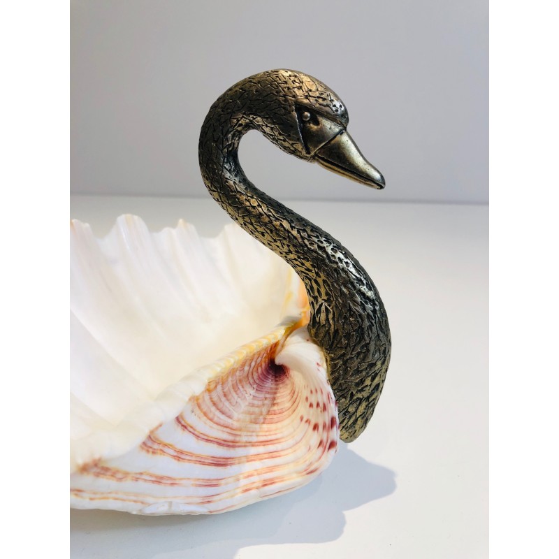 Silvered Metal and Shell Swan Vide-Poche, Attributed to Maison Jansen, French Work, Circa 1940