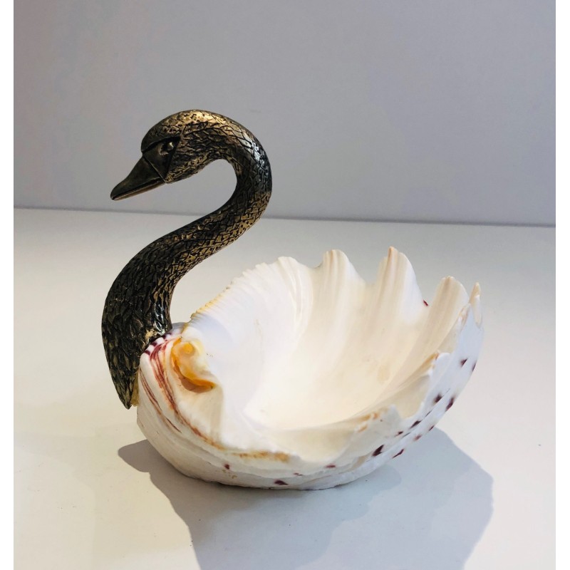 Silvered Metal and Shell Swan Vide-Poche, Attributed to Maison Jansen, French Work, Circa 1940