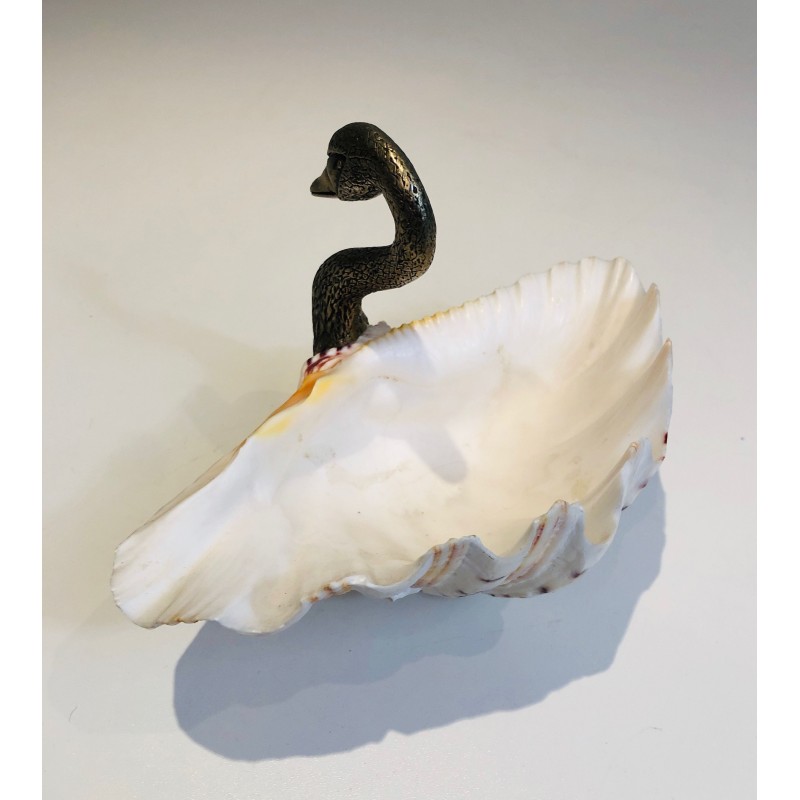 Silvered Metal and Shell Swan Vide-Poche, Attributed to Maison Jansen, French Work, Circa 1940