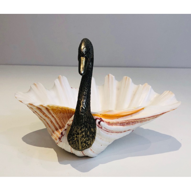 Silvered Metal and Shell Swan Vide-Poche, Attributed to Maison Jansen, French Work, Circa 1940