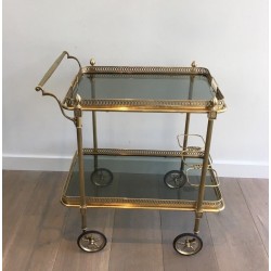 Neoclassical Brass Drinks Trolley with Blue Glass Shelves by Maison Jansen, French Work, Circa 1940