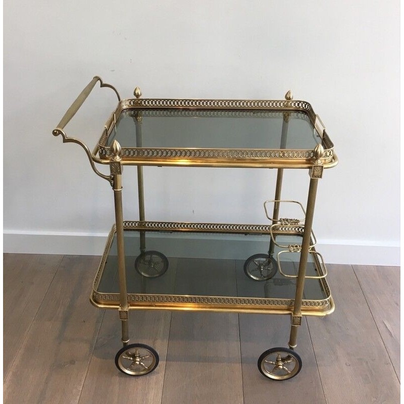 Neoclassical Brass Drinks Trolley with Blue Glass Shelves by Maison Jansen, French Work, Circa 1940