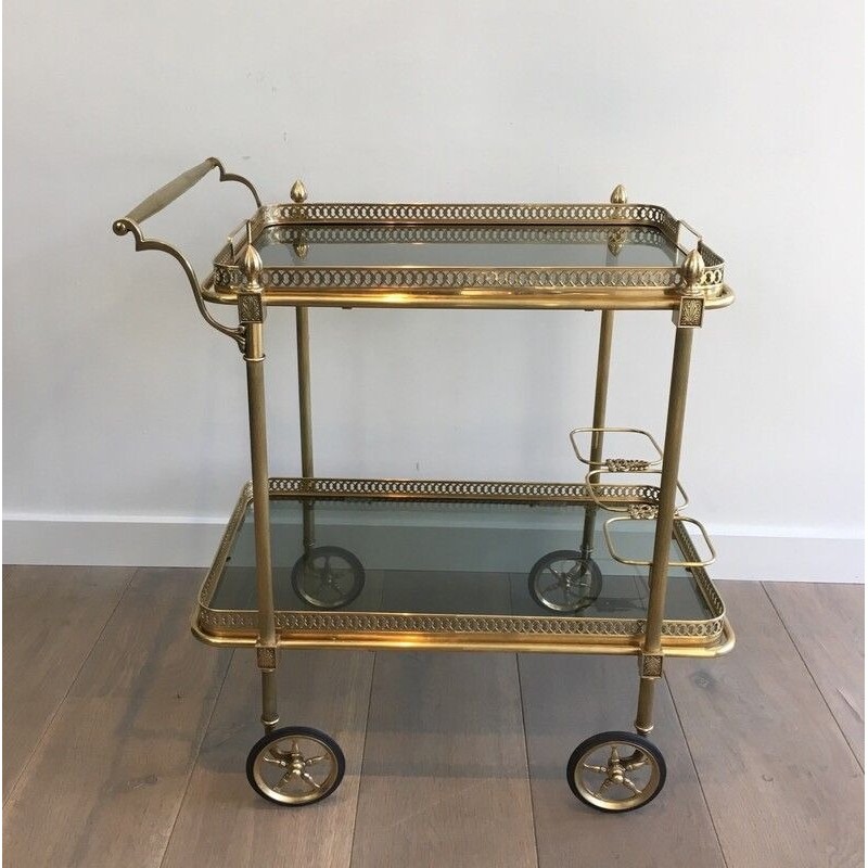 Neoclassical Brass Drinks Trolley with Blue Glass Shelves by Maison Jansen, French Work, Circa 1940