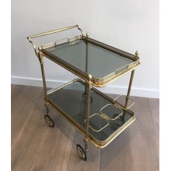 Neoclassical Brass Drinks Trolley with Blue Glass Shelves by Maison Jansen, French Work, Circa 1940
