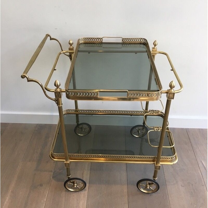 Neoclassical Brass Drinks Trolley with Blue Glass Shelves by Maison Jansen, French Work, Circa 1940