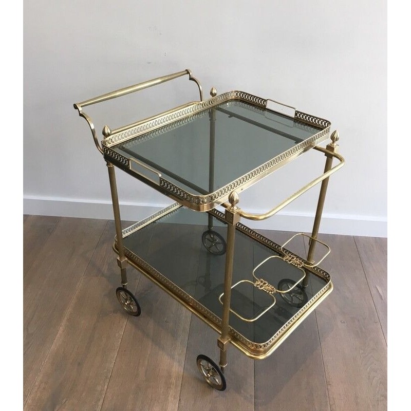 Table Roulante Néoclassique en Laiton à Plateaux de Verre Bleuté, Maison Jansen, Travail Français, Vers 1940