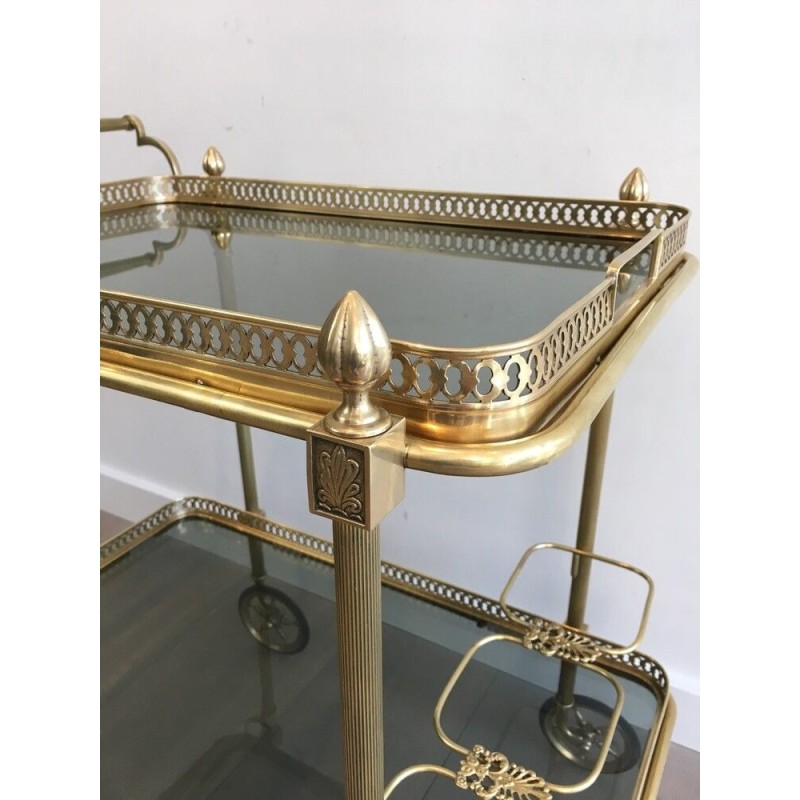 Neoclassical Brass Drinks Trolley with Blue Glass Shelves by Maison Jansen, French Work, Circa 1940