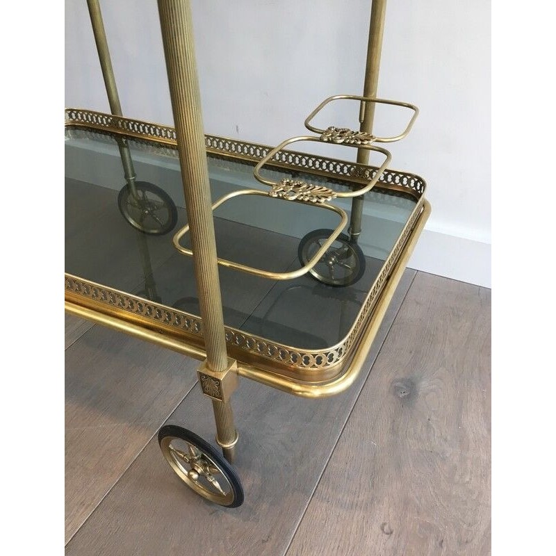 Neoclassical Brass Drinks Trolley with Blue Glass Shelves by Maison Jansen, French Work, Circa 1940