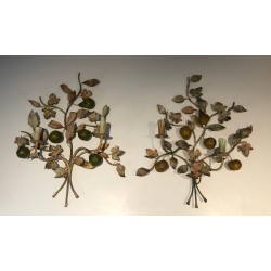 Important Pair of Decorative Painted Metal Pears and Lemons Wall Lights, French Work, Circa 1970