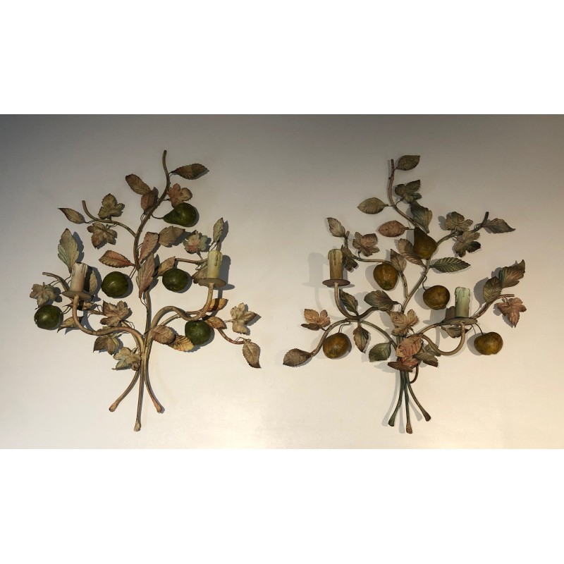 Important Pair of Decorative Painted Metal Pears and Lemons Wall Lights, French Work, Circa 1970
