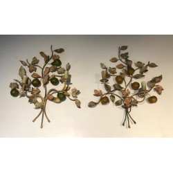 Important Pair of Decorative Painted Metal Pears and Lemons Wall Lights, French Work, Circa 1970