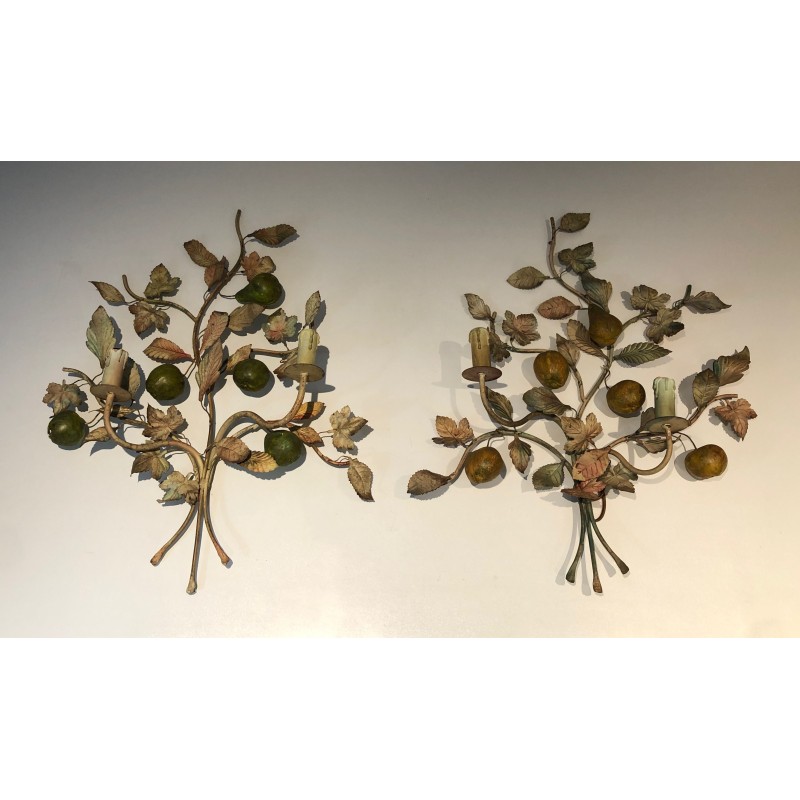 Important Pair of Decorative Painted Metal Pears and Lemons Wall Lights, French Work, Circa 1970