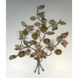 Important Pair of Decorative Painted Metal Pears and Lemons Wall Lights, French Work, Circa 1970