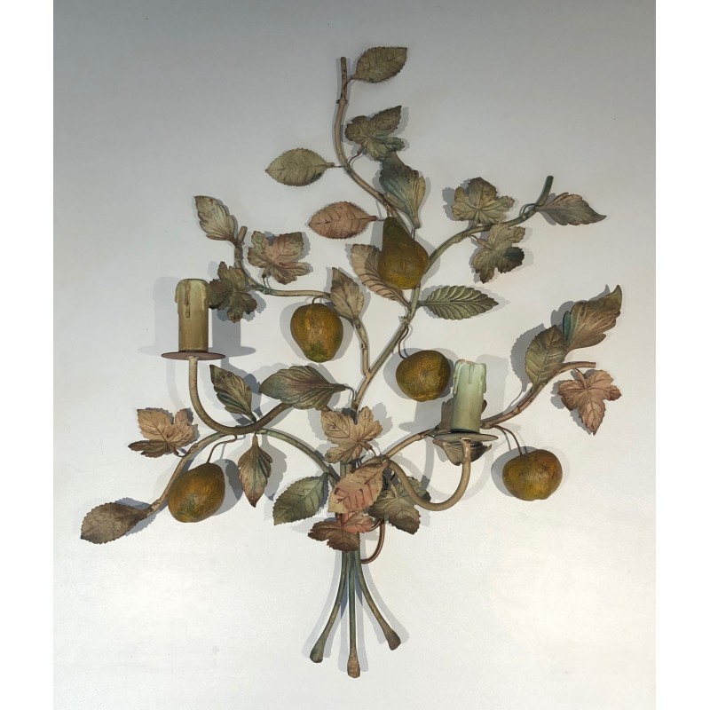 Important Pair of Decorative Painted Metal Pears and Lemons Wall Lights, French Work, Circa 1970