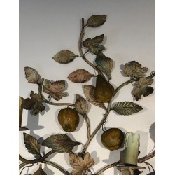 Important Pair of Decorative Painted Metal Pears and Lemons Wall Lights, French Work, Circa 1970
