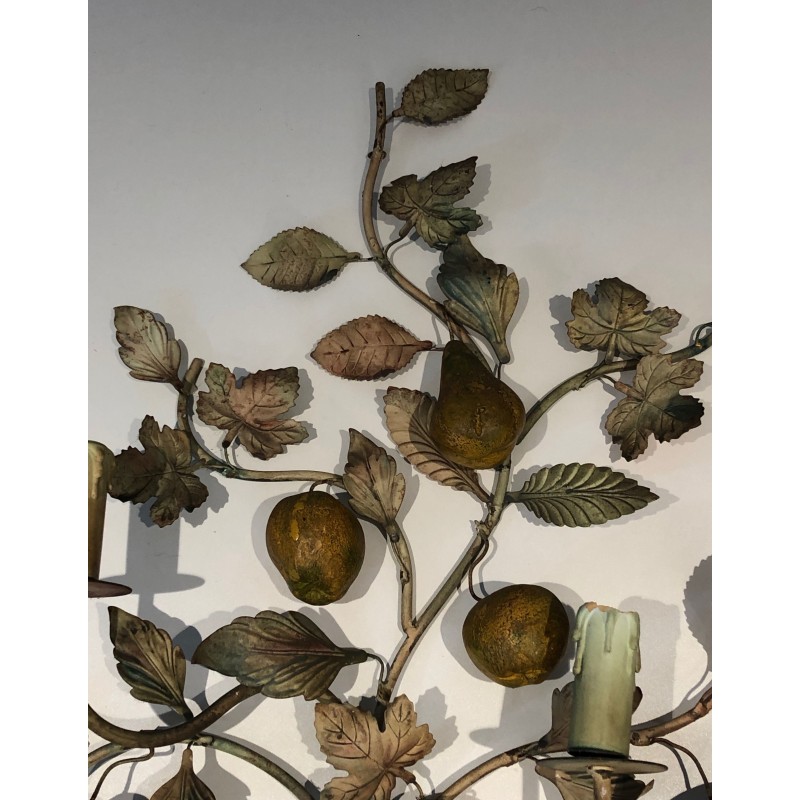 Important Pair of Decorative Painted Metal Pears and Lemons Wall Lights, French Work, Circa 1970