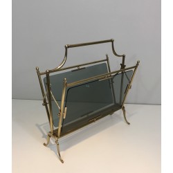 Porte-Revues Néoclassique en Laiton et Verres Bleutés de la Maison Jansen, Travail Français, Vers 1940