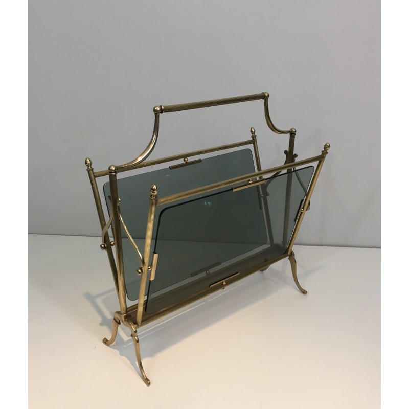 Neoclassical Brass and Blue Glass Magazine Rack by Maison Jansen, French Work, Circa 1940