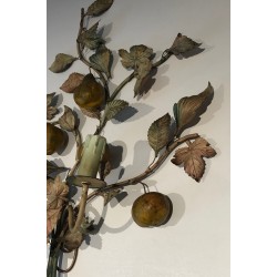 Important Pair of Decorative Painted Metal Pears and Lemons Wall Lights, French Work, Circa 1970