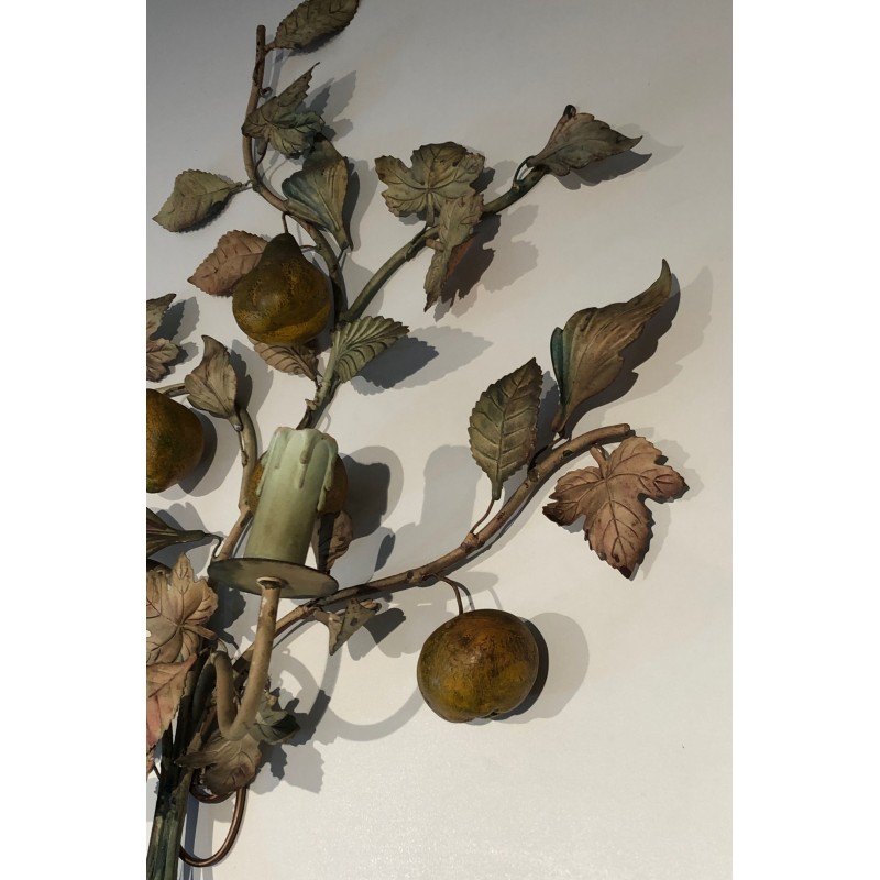 Important Pair of Decorative Painted Metal Pears and Lemons Wall Lights, French Work, Circa 1970