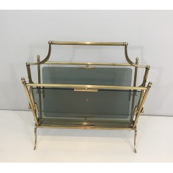 Porte-Revues Néoclassique en Laiton et Verres Bleutés de la Maison Jansen, Travail Français, Vers 1940