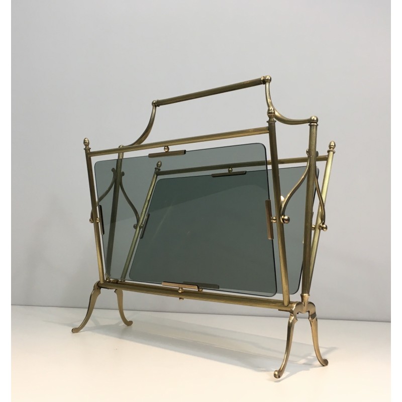 Neoclassical Brass and Blue Glass Magazine Rack by Maison Jansen, French Work, Circa 1940