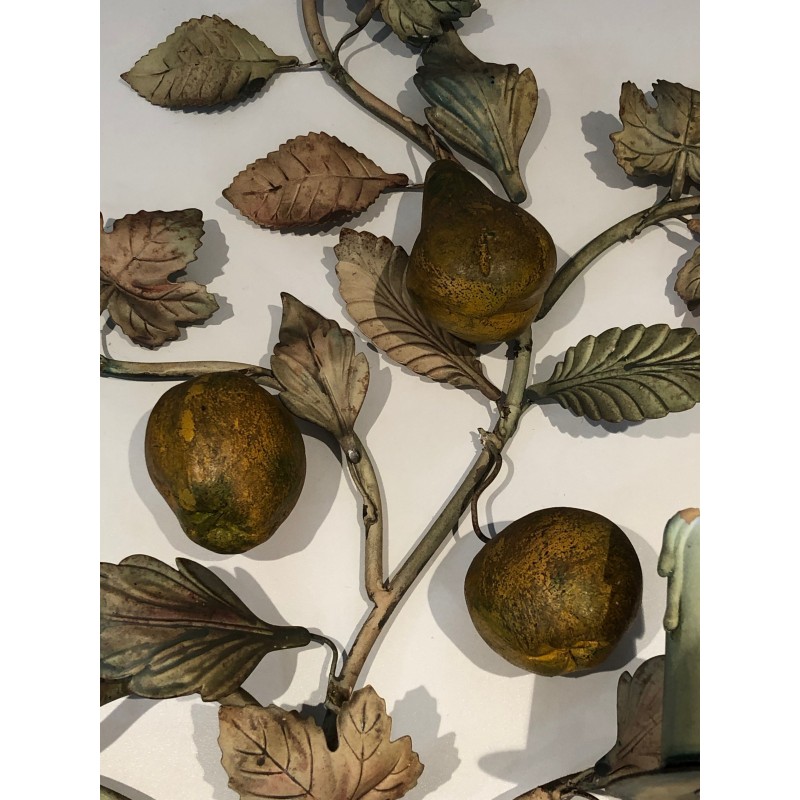 Important Pair of Decorative Painted Metal Pears and Lemons Wall Lights, French Work, Circa 1970