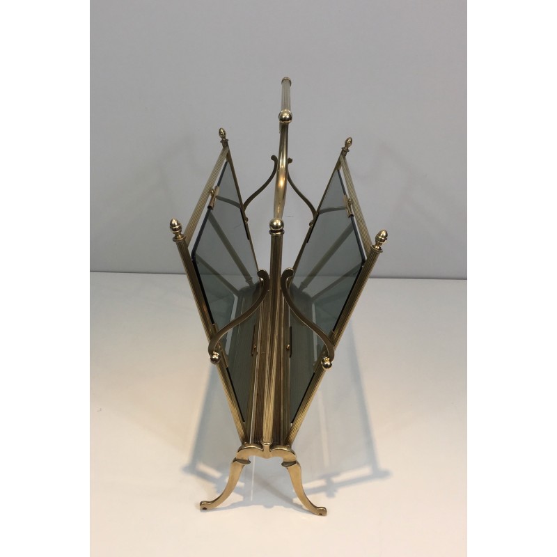 Neoclassical Brass and Blue Glass Magazine Rack by Maison Jansen, French Work, Circa 1940