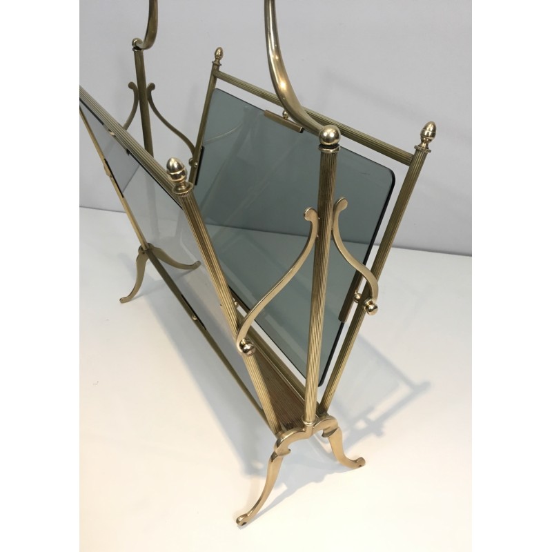 Neoclassical Brass and Blue Glass Magazine Rack by Maison Jansen, French Work, Circa 1940