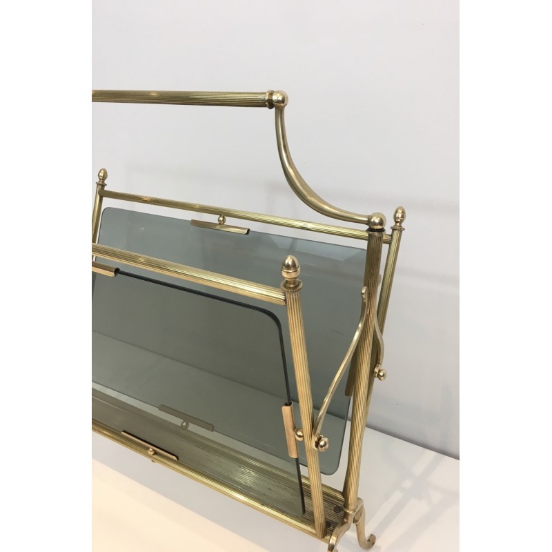 Neoclassical Brass and Blue Glass Magazine Rack by Maison Jansen, French Work, Circa 1940