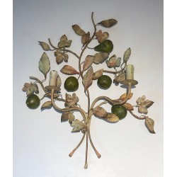 Important Pair of Decorative Painted Metal Pears and Lemons Wall Lights, French Work, Circa 1970